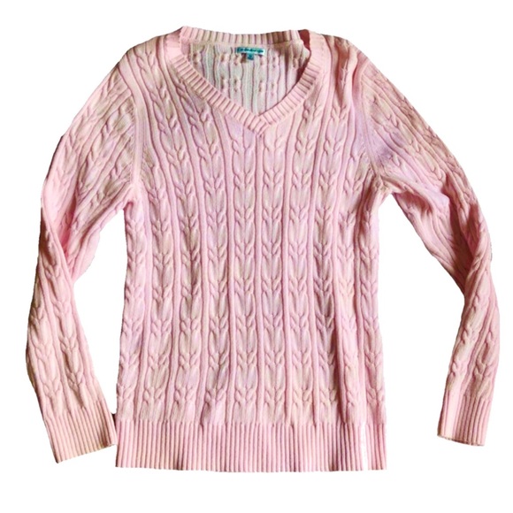 Pale pink 100% cotton cable knit v-neck sweater - Picture 2 of 4